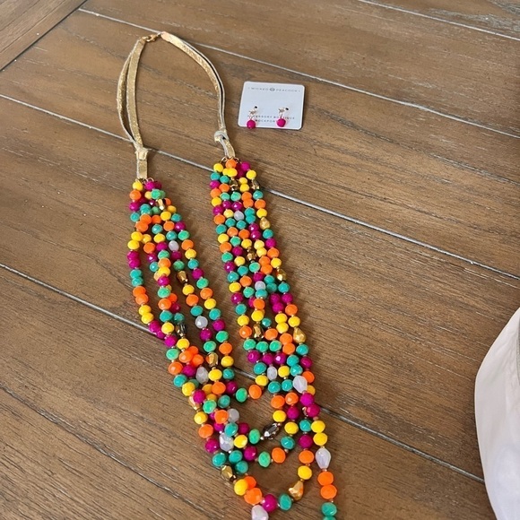 Colorful Bright Multi Color 5 Strand Necklace with matching earrings Gold Purple - Picture 9 of 12